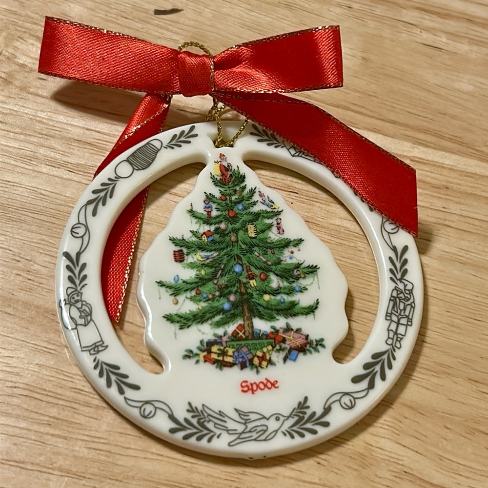 Spode Festive Ornament with Red Ribbon and Green Tree